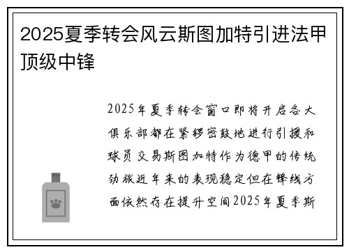 2025夏季转会风云斯图加特引进法甲顶级中锋 2025夏季转会风云斯图加特引进法甲顶级中锋